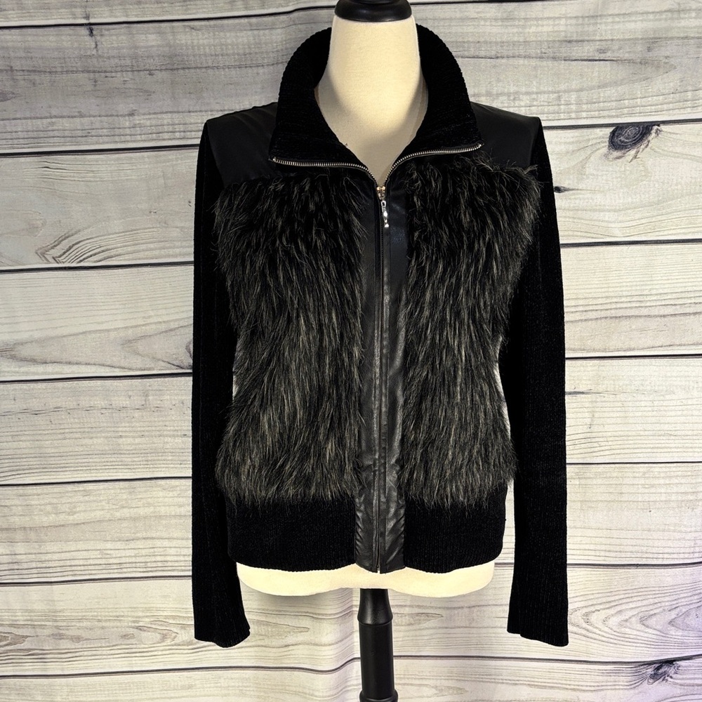 Vintage Y2K Sz L Black Faux Fur & Leather Women's Jacket Knit Sleeve Zip Up Art